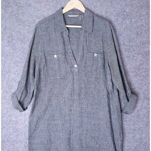 Soft Surroundings Gray Linen Tunic Lagenlook Dress Roll Tab Sleeves Size Large